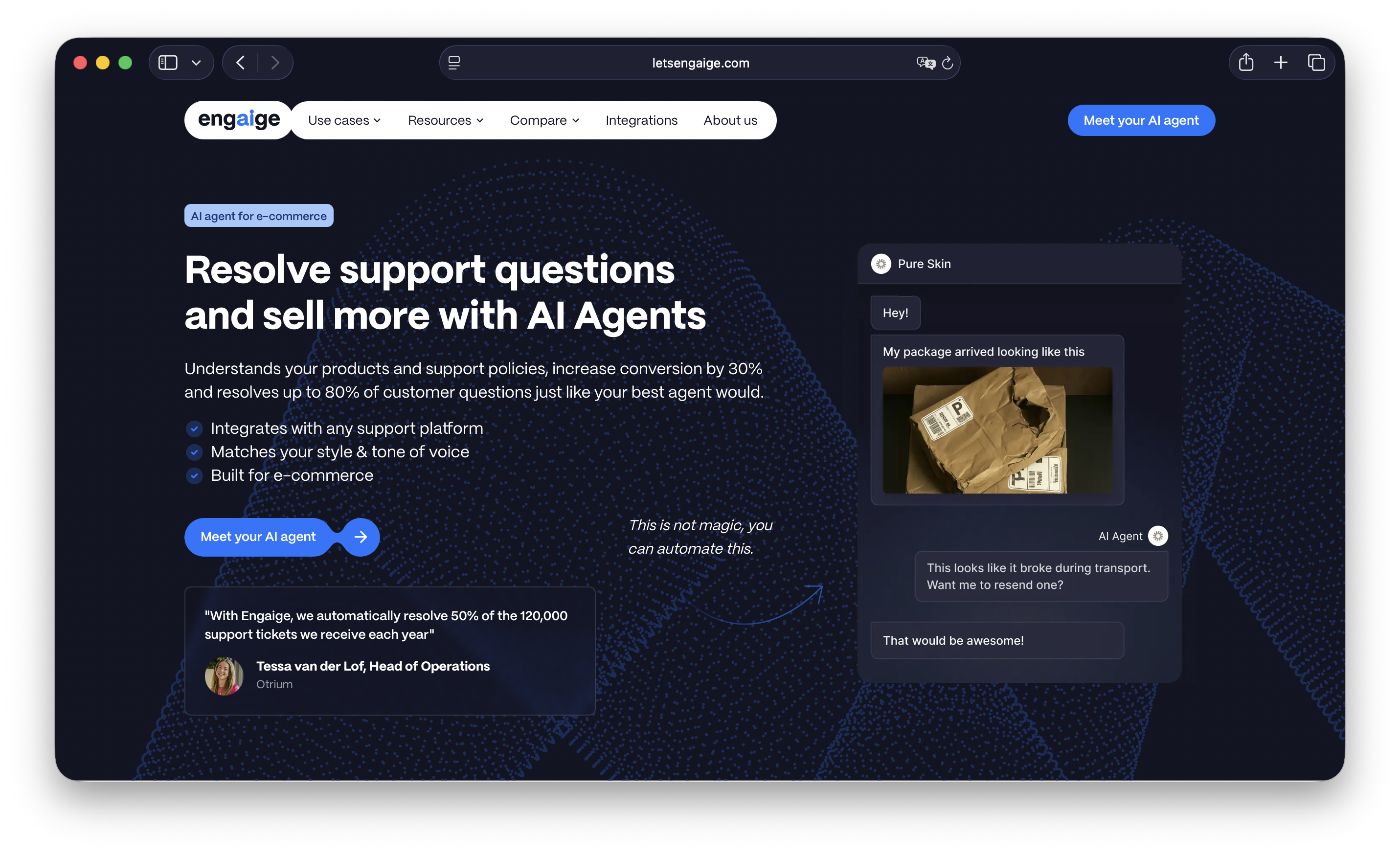 Engaige AI agent interface showing live order data and customer context