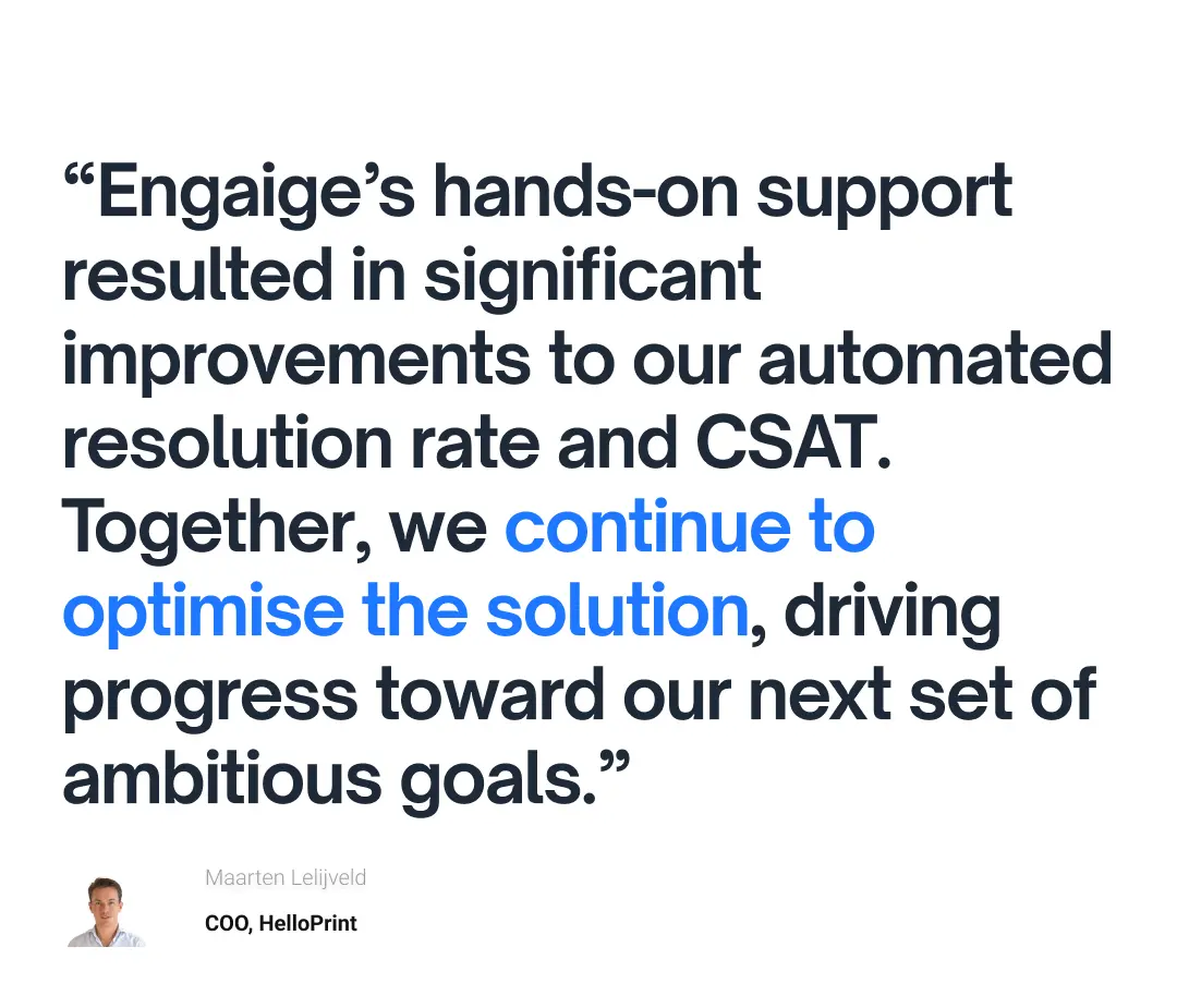 HelloPrint customer quote about cutting time-to-first-response by 90%