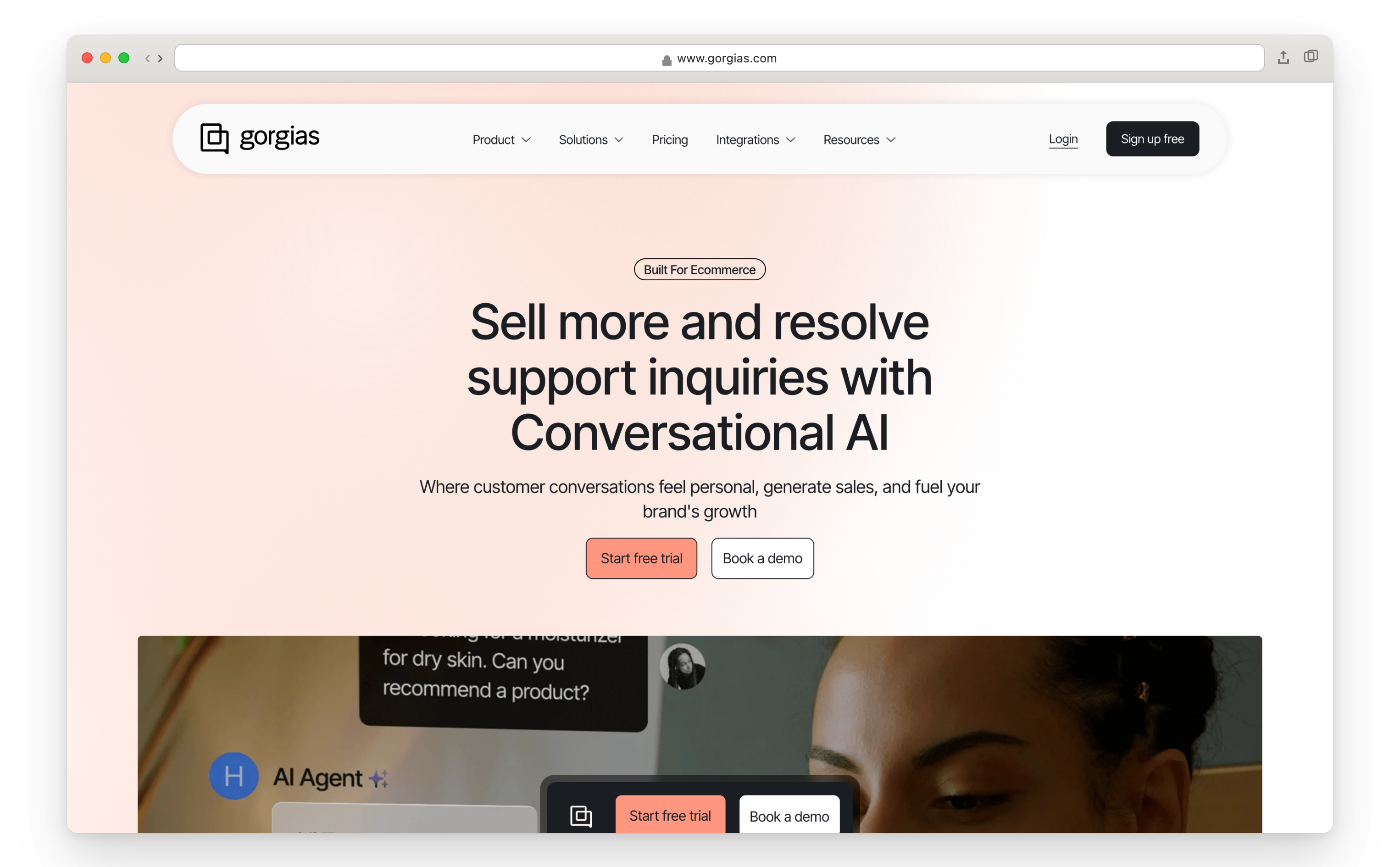 Gorgias homepage showing Sell more and resolve support with Conversational AI