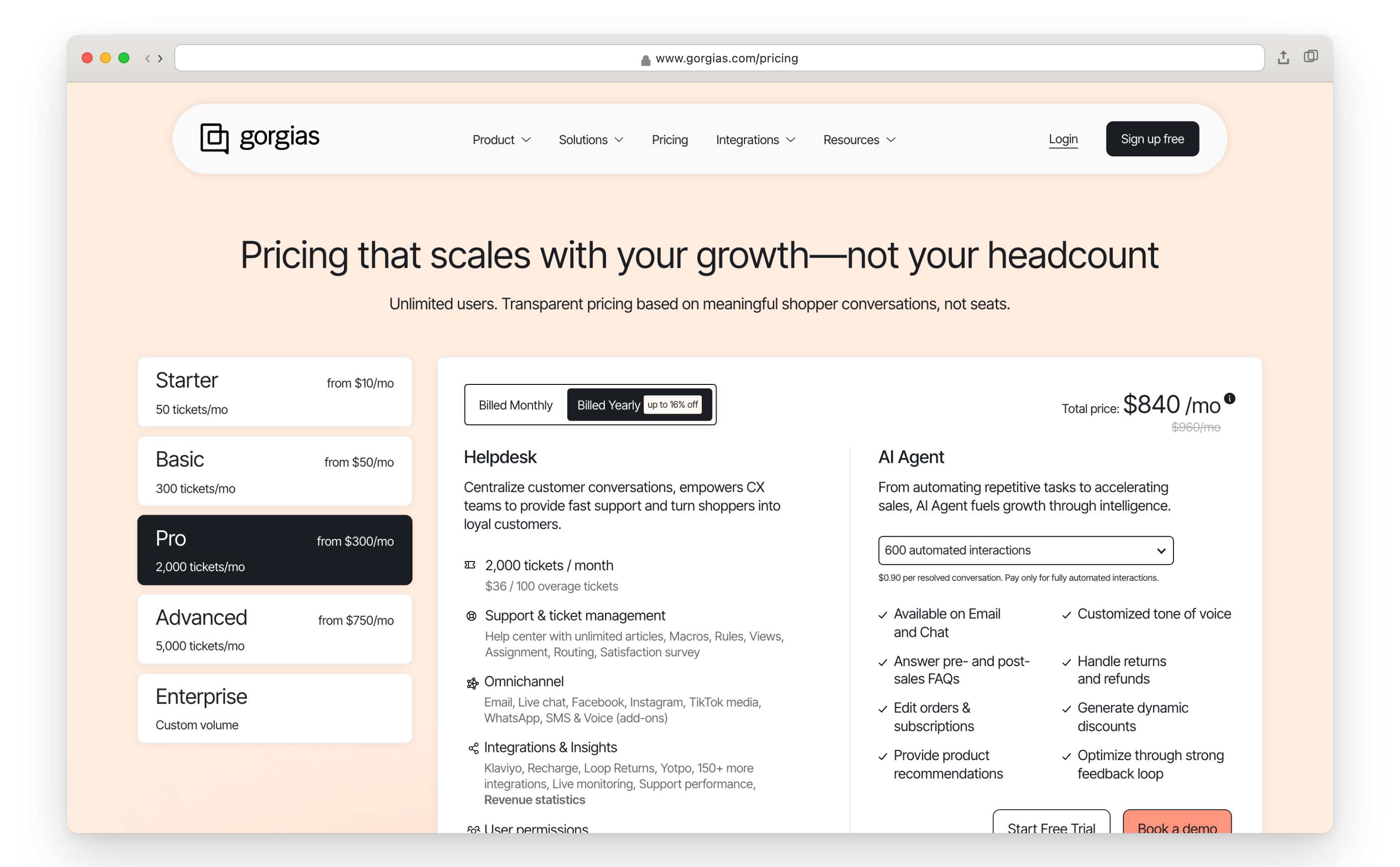 Gorgias pricing page showing per-ticket plans and AI Agent cost
