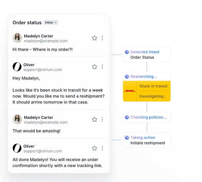Oliver, Otrium's AI agent, handling a WISMO chat