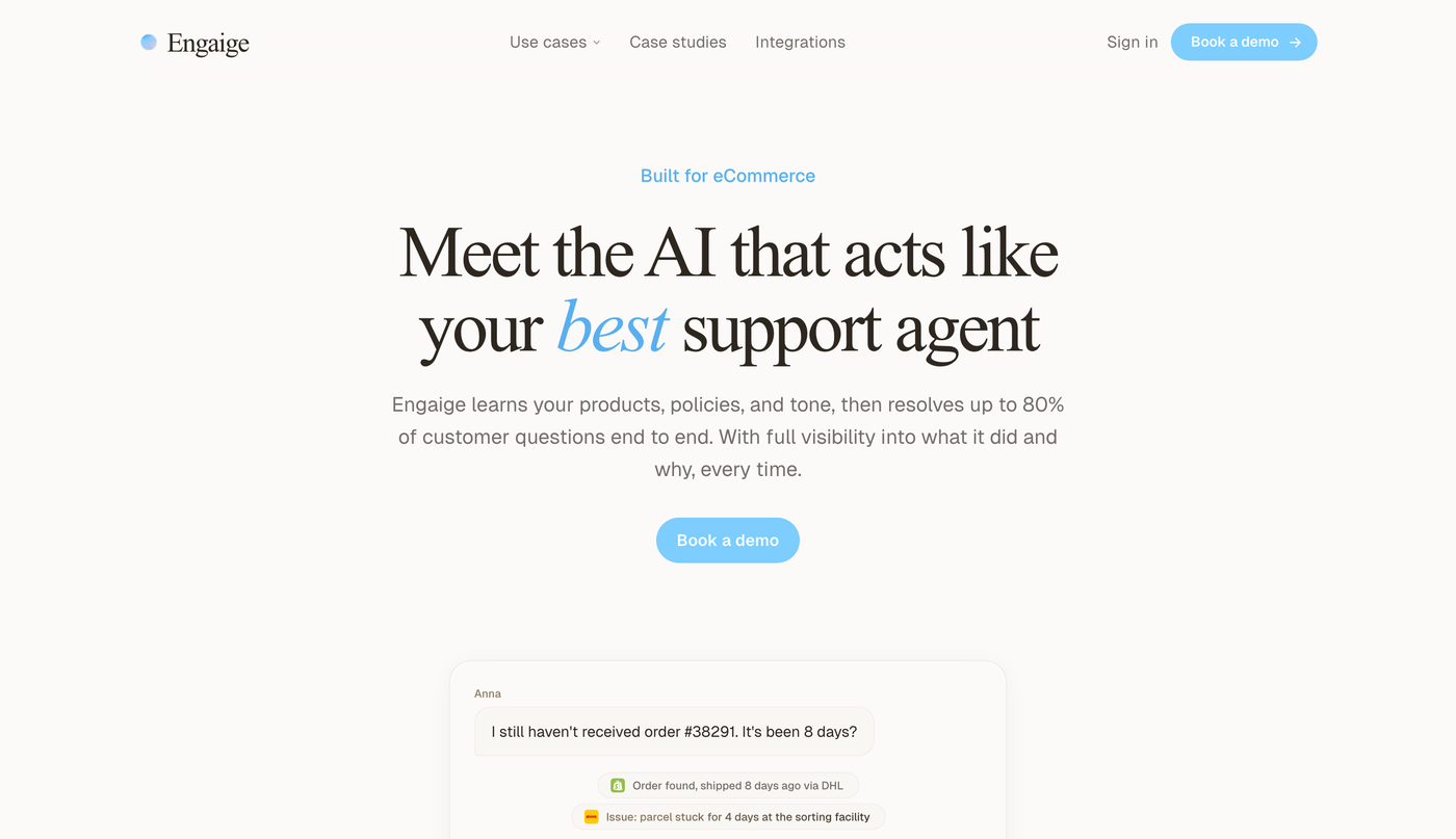 The Engaige homepage: AI customer support agents for e-commerce