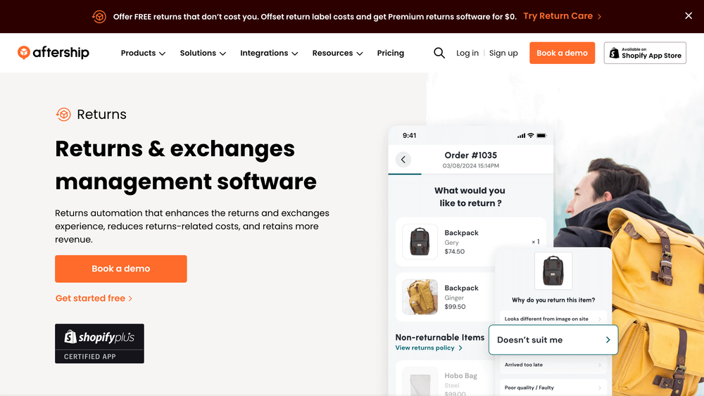 AfterShip Returns homepage