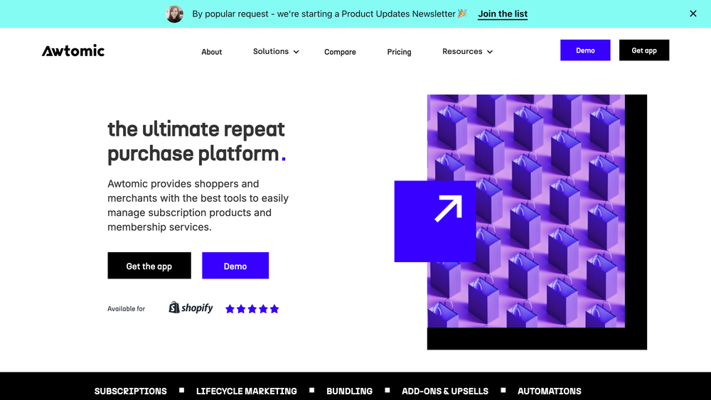 Awtomic subscriptions website homepage